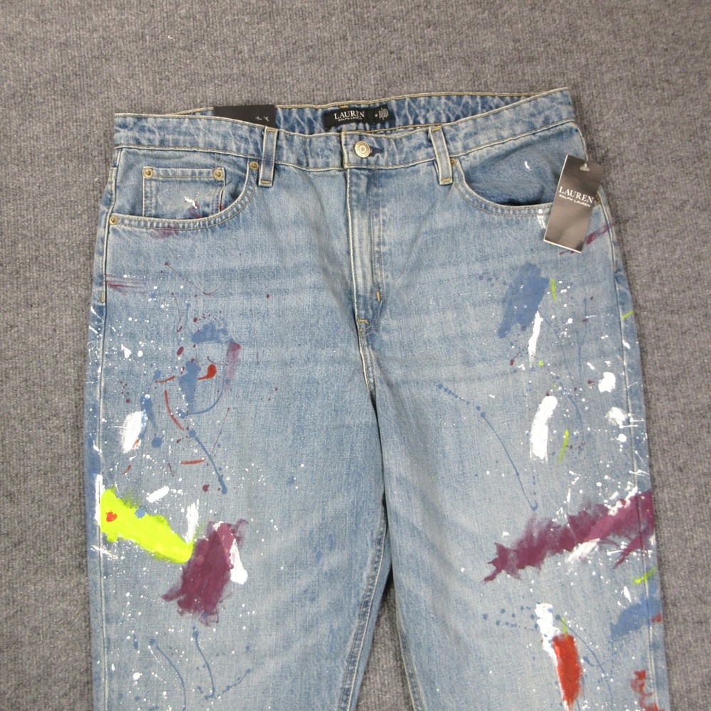 Lauren Ralph Lauren Boyfriend Taper Jeans Womens 14 Blue Paint Splatter Artistic